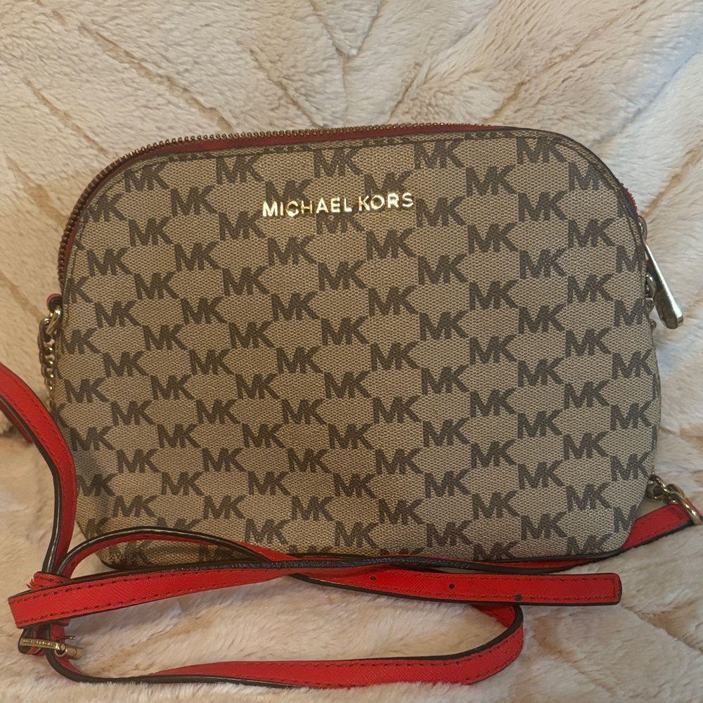 Michael Kors Signature Brown and Red Crossbody Bag